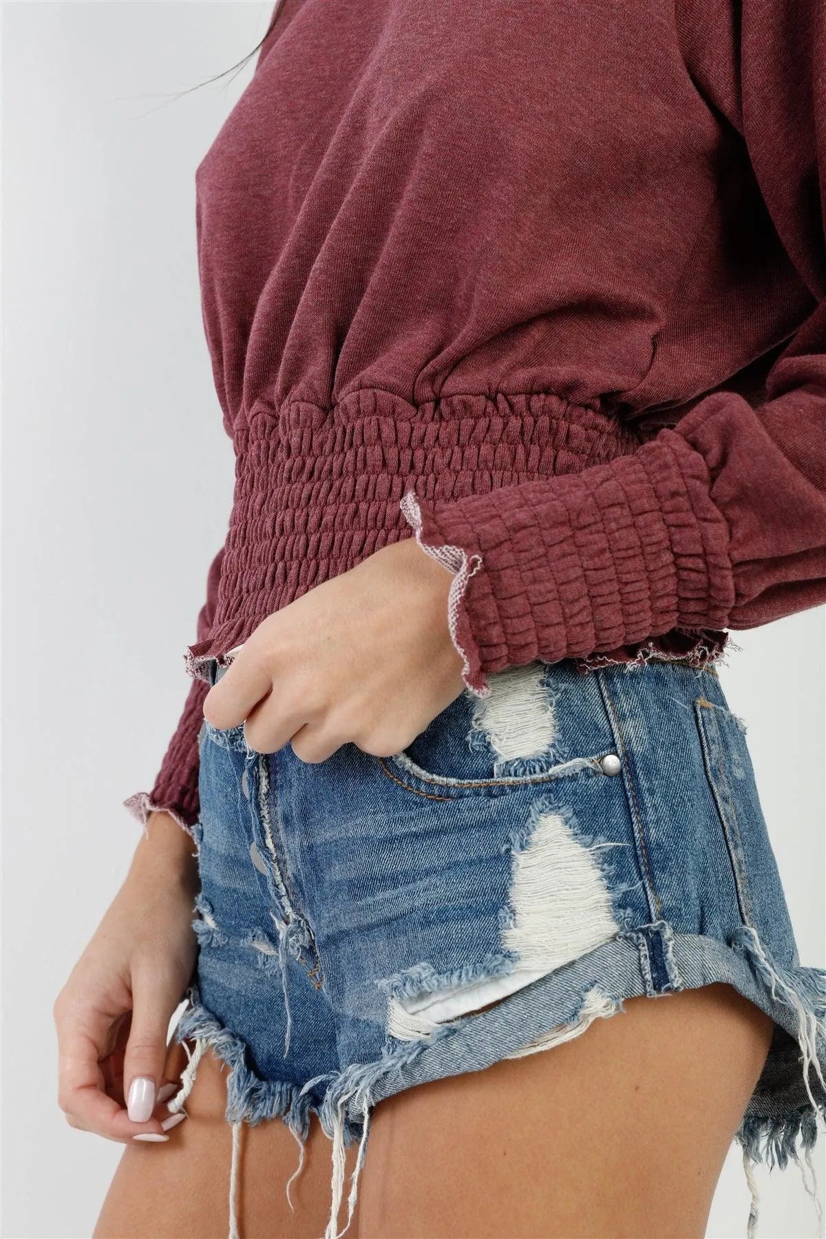 Wine Smocked Waistline Detail Long Sleeve Top /3-1-1 - Tasha Apparel Wholesale