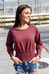 Wine Smocked Waistline Detail Long Sleeve Top /2-1-2-1 - Tasha Apparel Wholesale