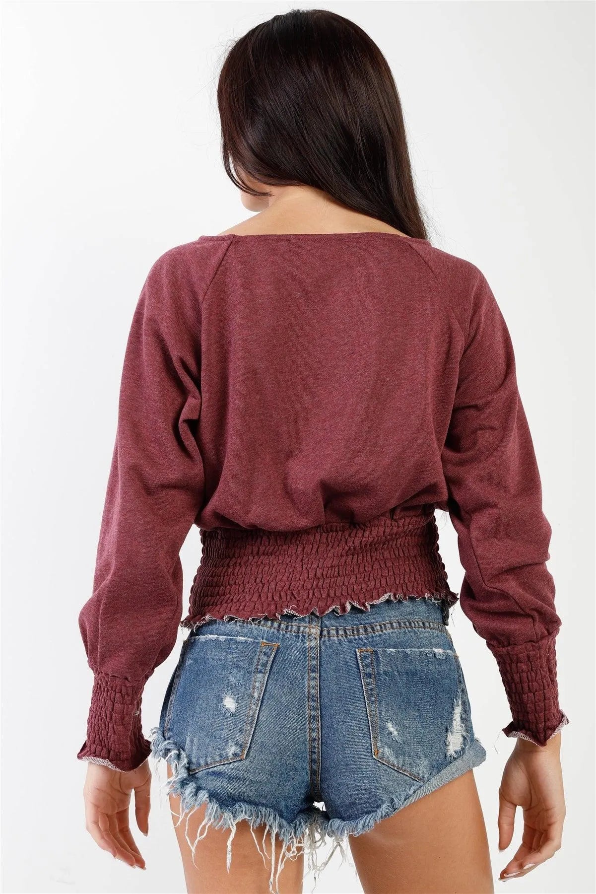 Wine Smocked Waistline Detail Long Sleeve Top /2-1-2-1 - Tasha Apparel Wholesale