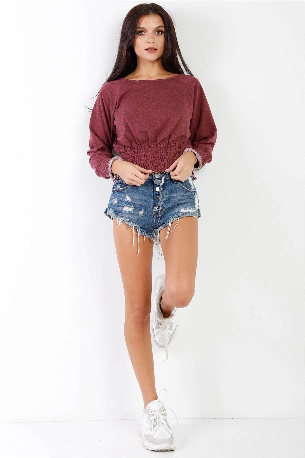 Wine Smocked Waistline Detail Long Sleeve Top /2-1-2-1 - Tasha Apparel Wholesale