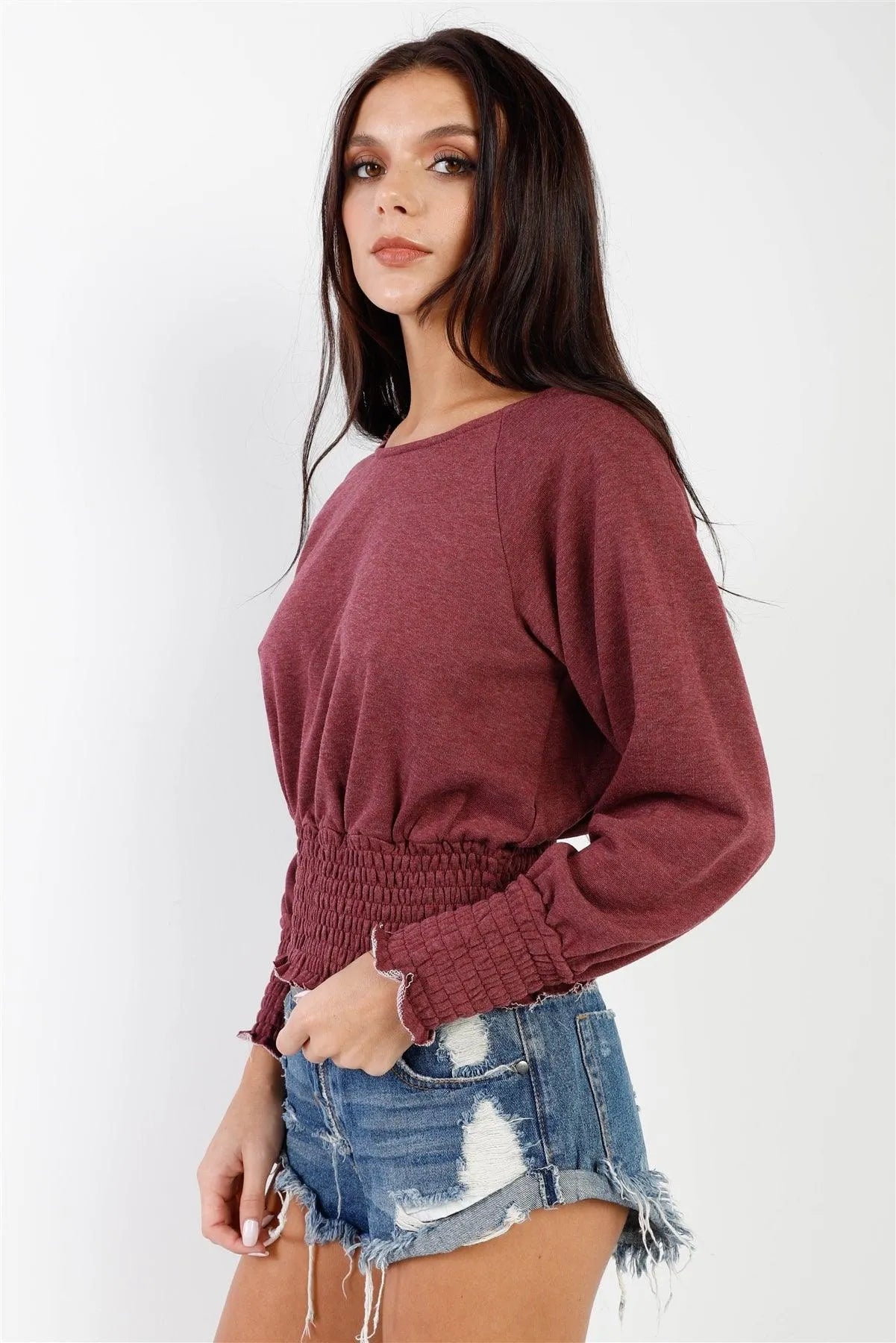 Wine Smocked Waistline Detail Long Sleeve Top /2-1-2-1 - Tasha Apparel Wholesale