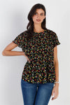 Black Multi Color Floral Print Plisse Short Sleeve Top /1-2-2 - Tasha Apparel Wholesale