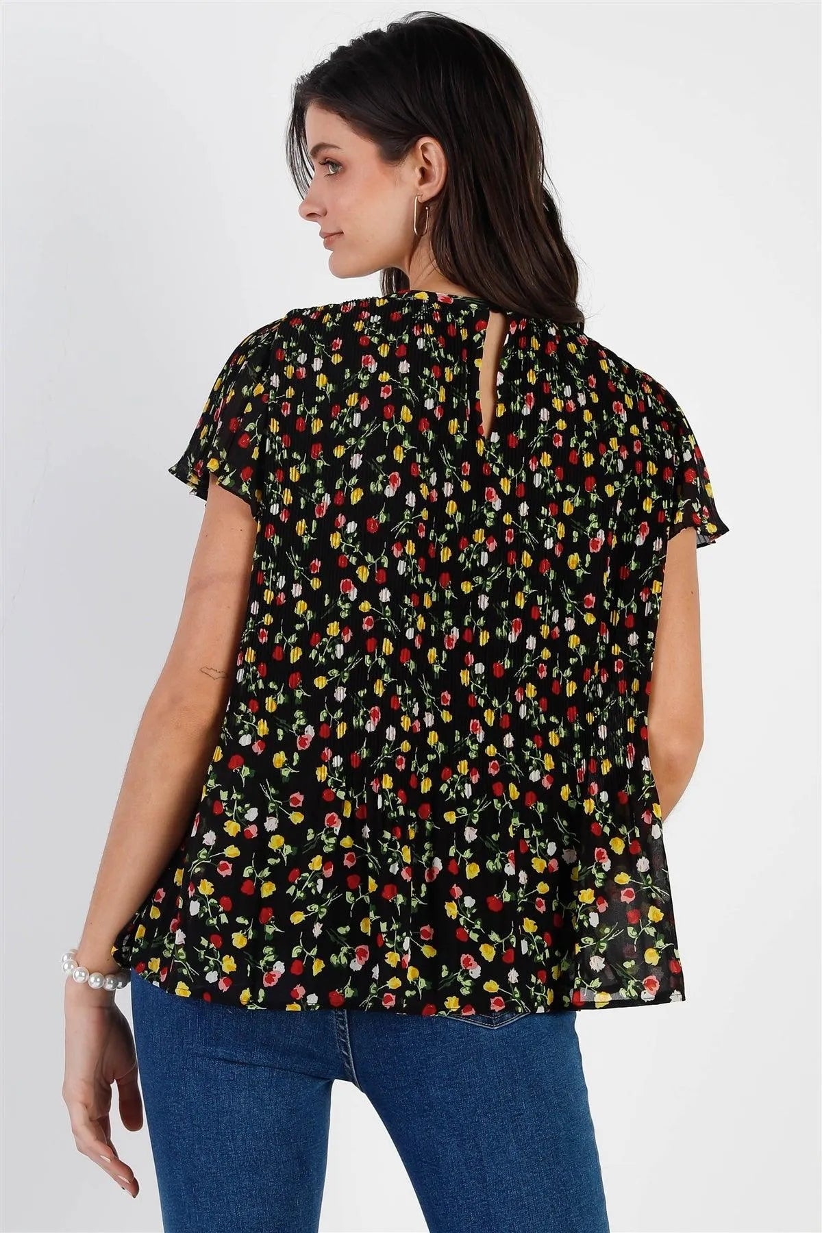 Black Multi Color Floral Print Plisse Short Sleeve Top /1-2-2 - Tasha Apparel Wholesale