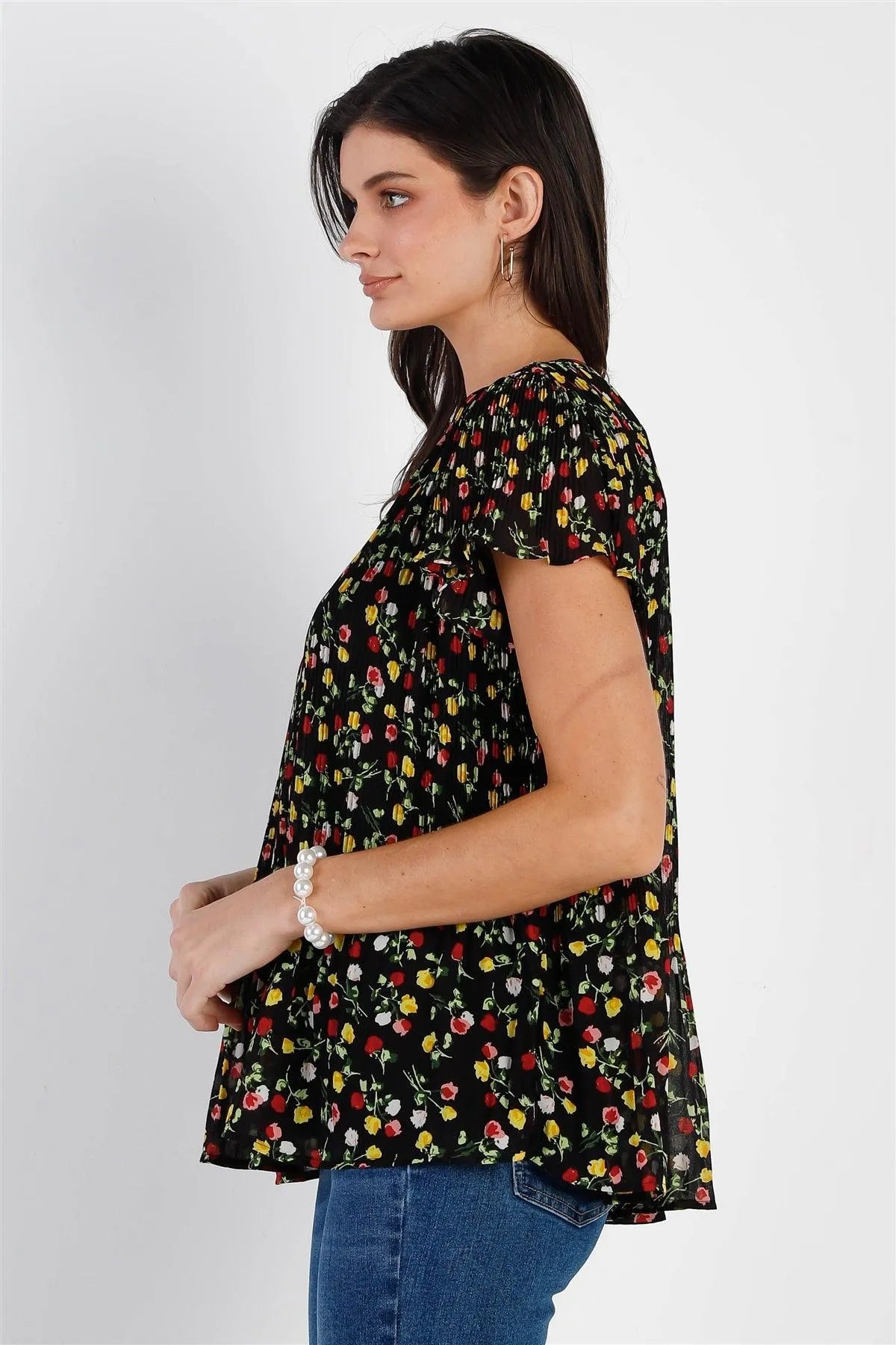 Black Multi Color Floral Print Plisse Short Sleeve Top /1-2-2 - Tasha Apparel Wholesale