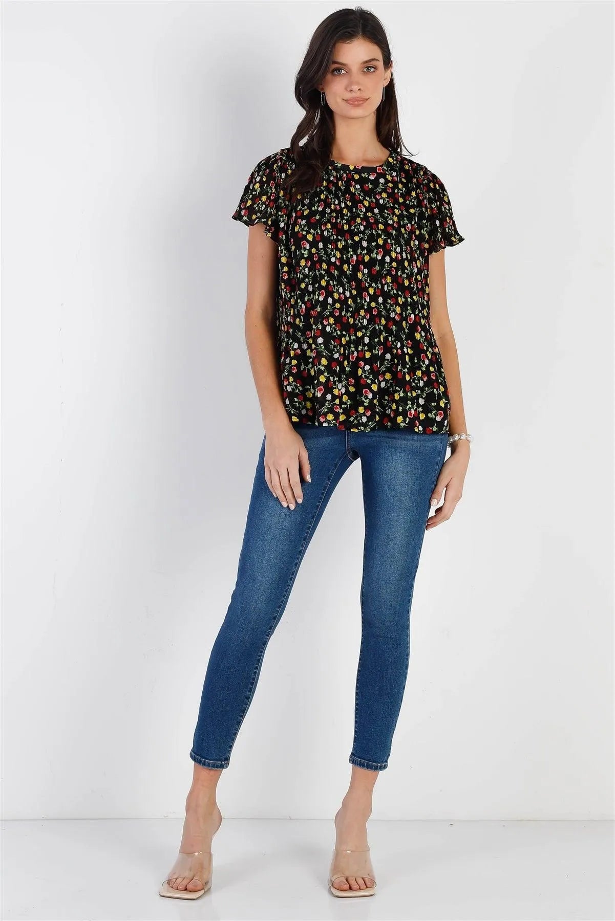 Black Multi Color Floral Print Plisse Short Sleeve Top /1-2-2 - Tasha Apparel Wholesale
