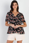 Black Floral Print Flare Hem Top /3-3 - Tasha Apparel Wholesale