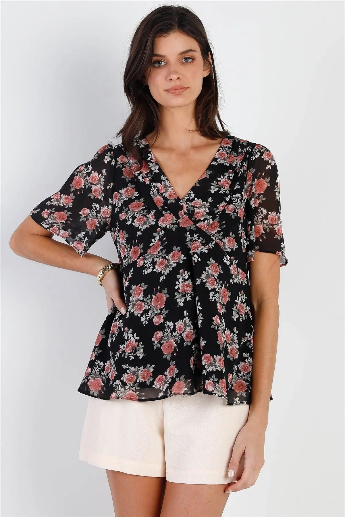Black Floral Print Flare Hem Top /3-3 - Tasha Apparel Wholesale