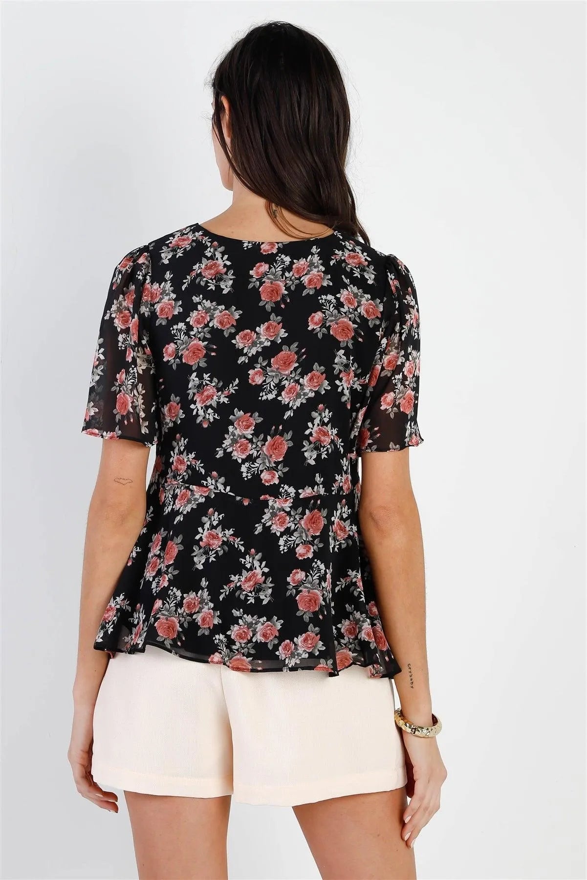Black Floral Print Flare Hem Top /2-3-2 - Tasha Apparel Wholesale