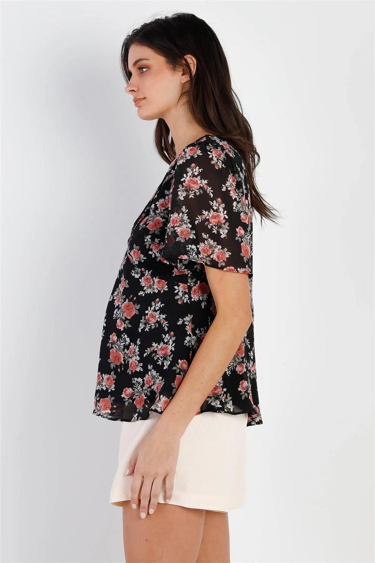 Black Floral Print Flare Hem Top /2-3-2 - Tasha Apparel Wholesale
