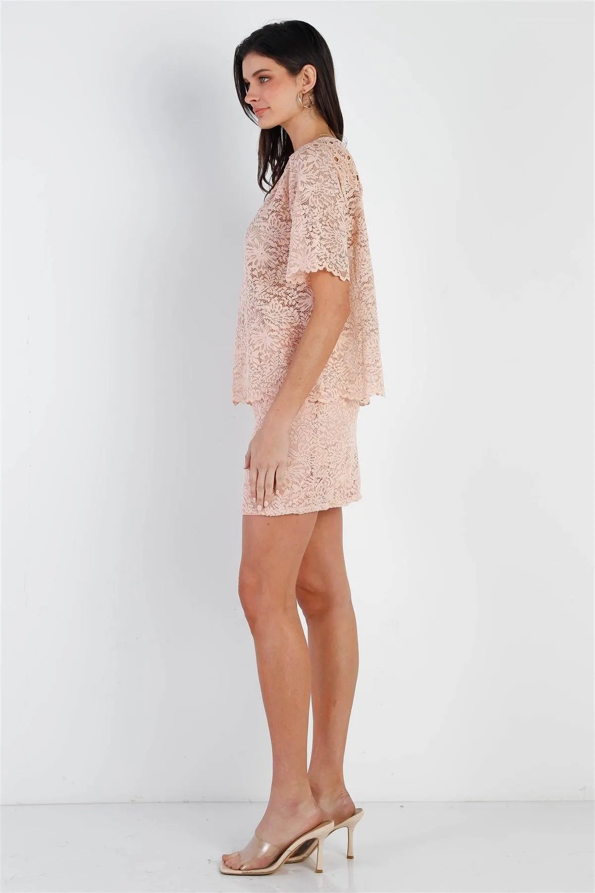 Mauve Lace Embroidery Detail Short Sleeve Semi-Sheer Top /3-3 - Tasha Apparel Wholesale