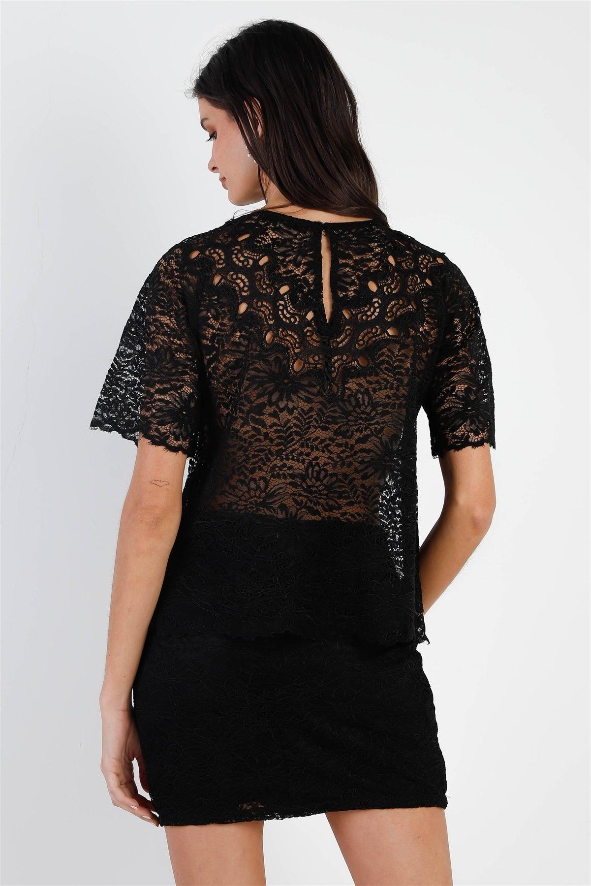 Black Lace Embroidery Detail Short Sleeve Semi-Sheer Top & Skirt Set /1-2-1