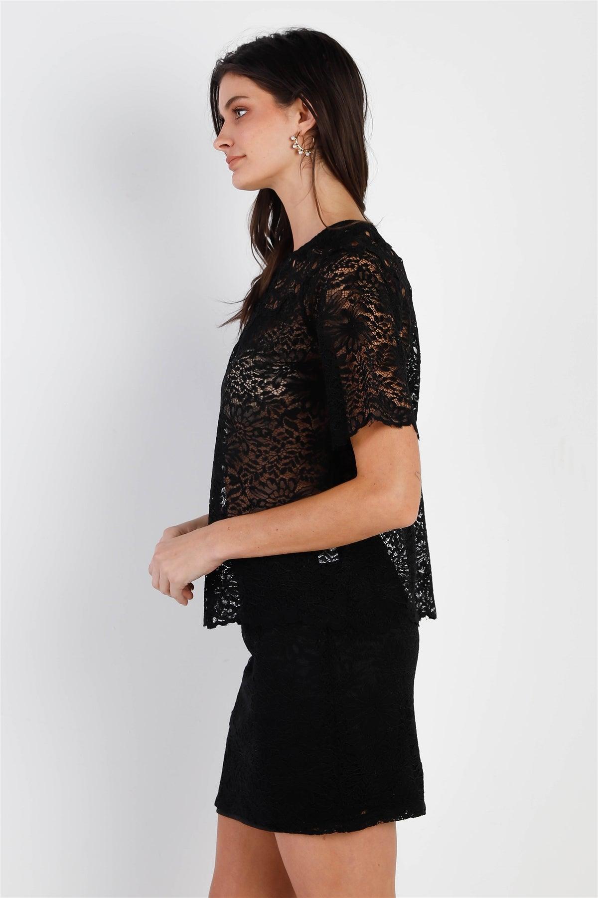 Black Lace Embroidery Detail Short Sleeve Semi-Sheer Top & Skirt Set /1-2-1
