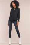 Black Long Balloon Sleeve Loose Fit Front Draw String Tie Laser Cut Out Flounce Top /1-2-2-1