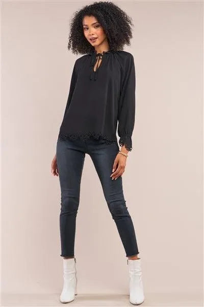 Black Long Balloon Sleeve Loose Fit Front Draw String Tie Laser Cut Out Flounce Top /1-2-2-1 - Tasha Apparel Wholesale