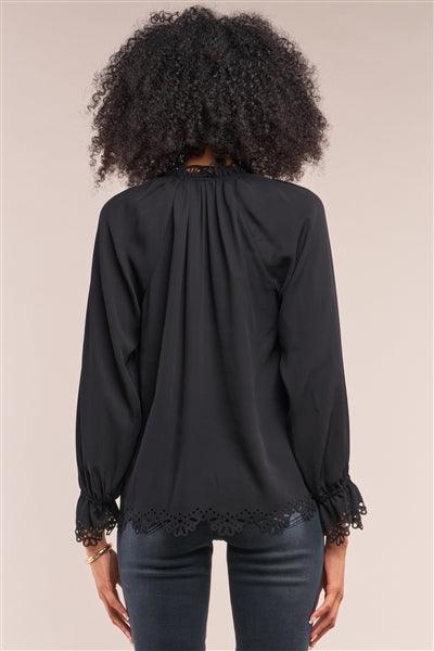 Black Long Balloon Sleeve Loose Fit Front Draw String Tie Laser Cut Out Flounce Top /1-2-2-1