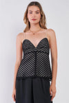 Black & White Sleeveless Striped Crocheted Sweetheart Neckline Self-Tie Spaghetti Straps Fit & Flare Top /1-2-2-1 - Tasha Apparel Wholesale