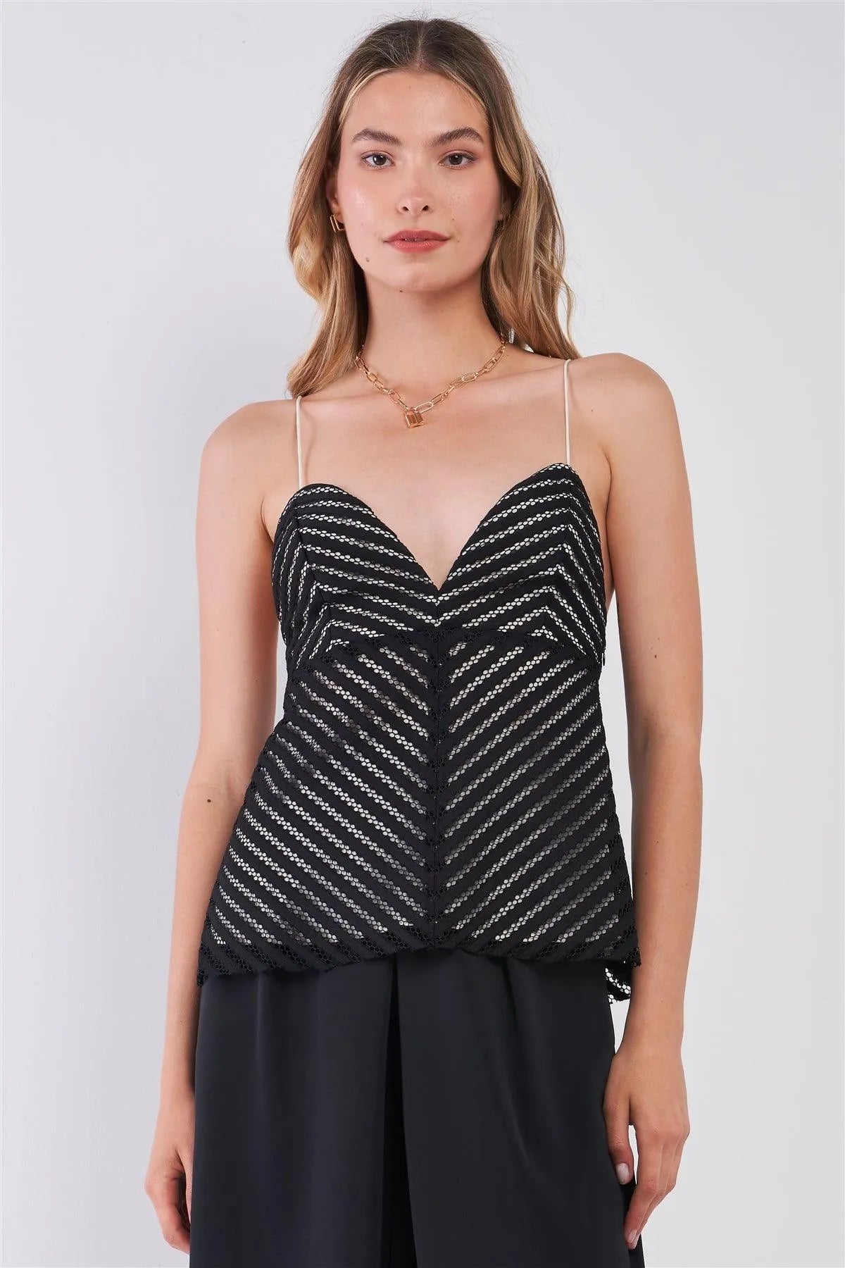 Black & White Sleeveless Striped Crocheted Sweetheart Neckline Self-Tie Spaghetti Straps Fit & Flare Top /1-2-2-1 - Tasha Apparel Wholesale