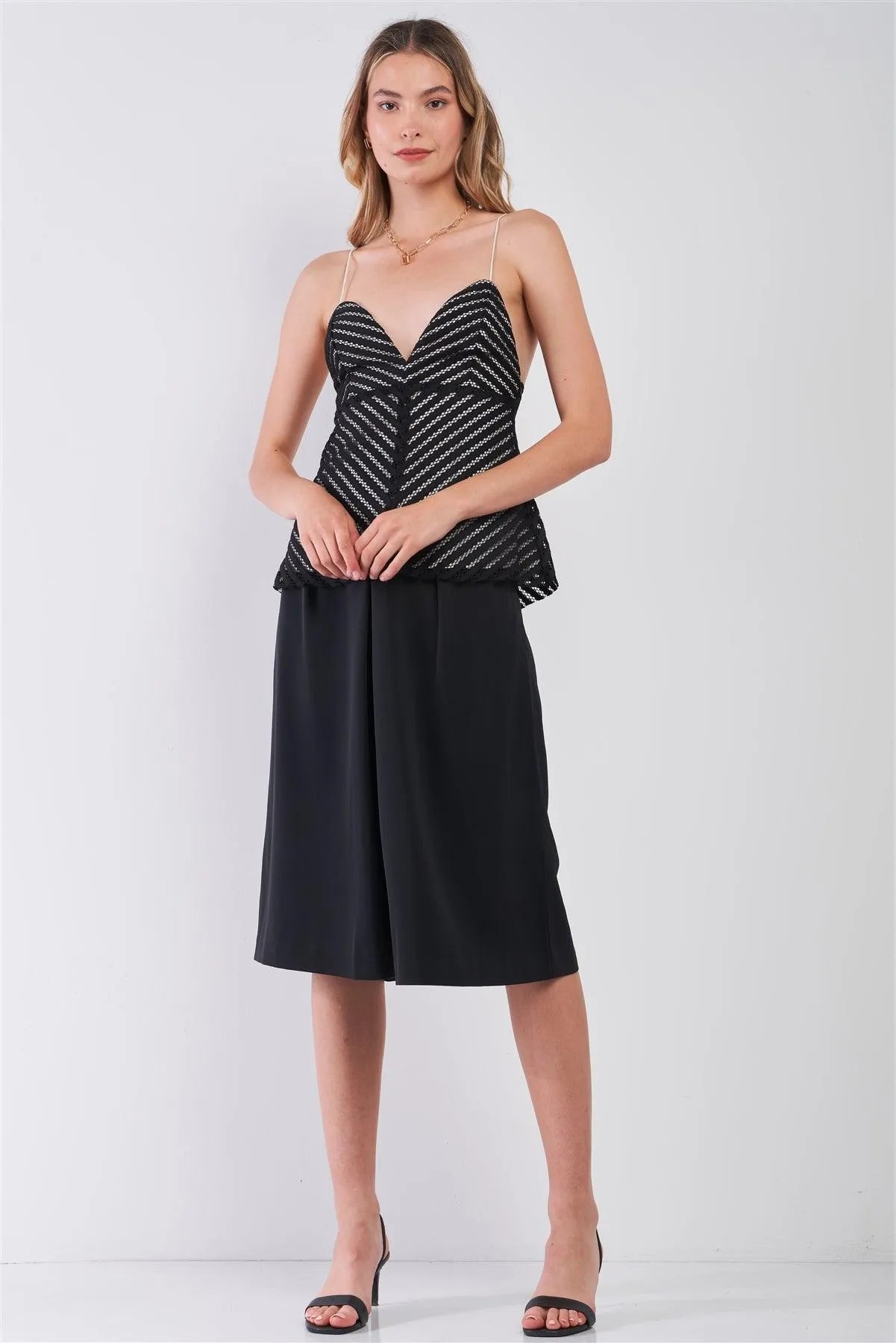 Black & White Sleeveless Striped Crocheted Sweetheart Neckline Self-Tie Spaghetti Straps Fit & Flare Top /1-2-2-1 - Tasha Apparel Wholesale