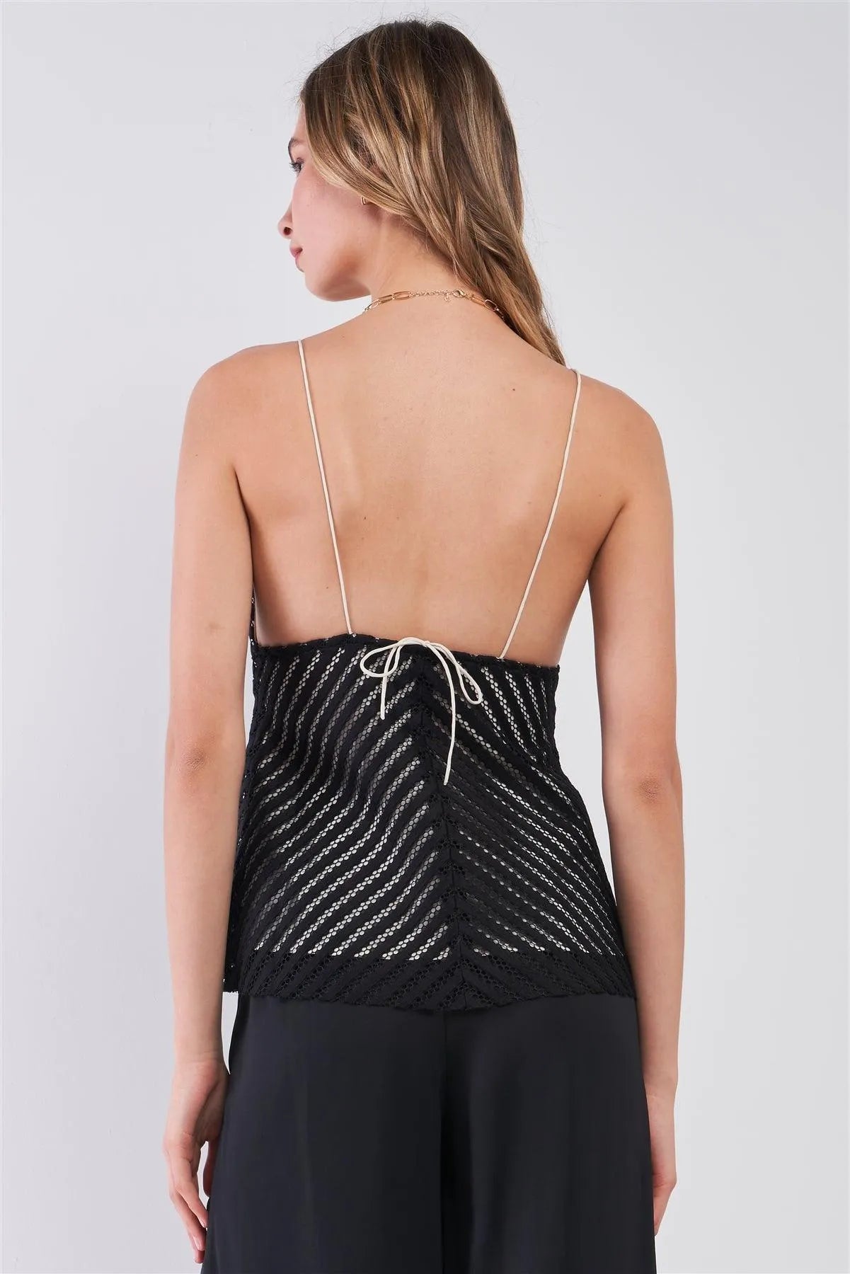 Black & White Sleeveless Striped Crocheted Sweetheart Neckline Self-Tie Spaghetti Straps Fit & Flare Top /2-3-1 - Tasha Apparel Wholesale