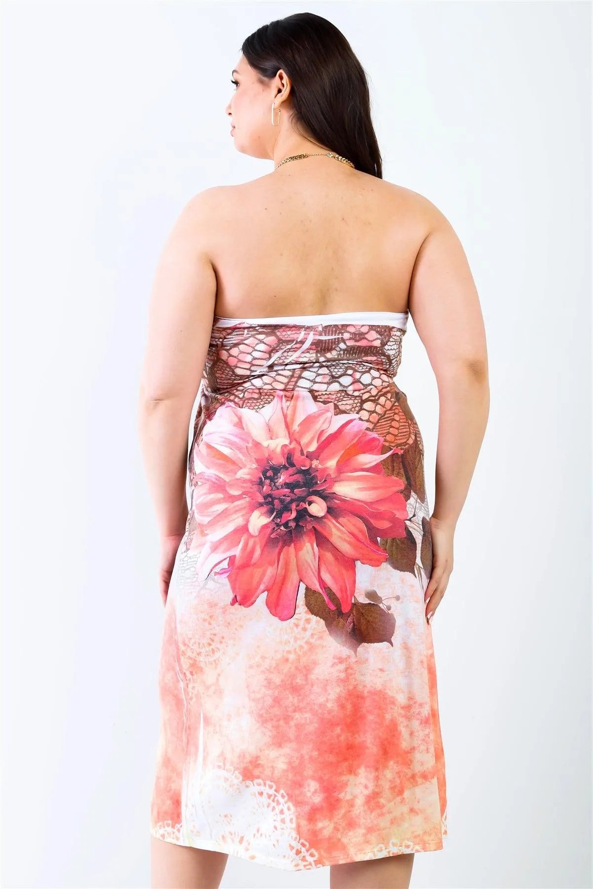Junior Plus Peach Flower Print Sleeveless Midi Dress /2-2-2 - Tasha Apparel Wholesale