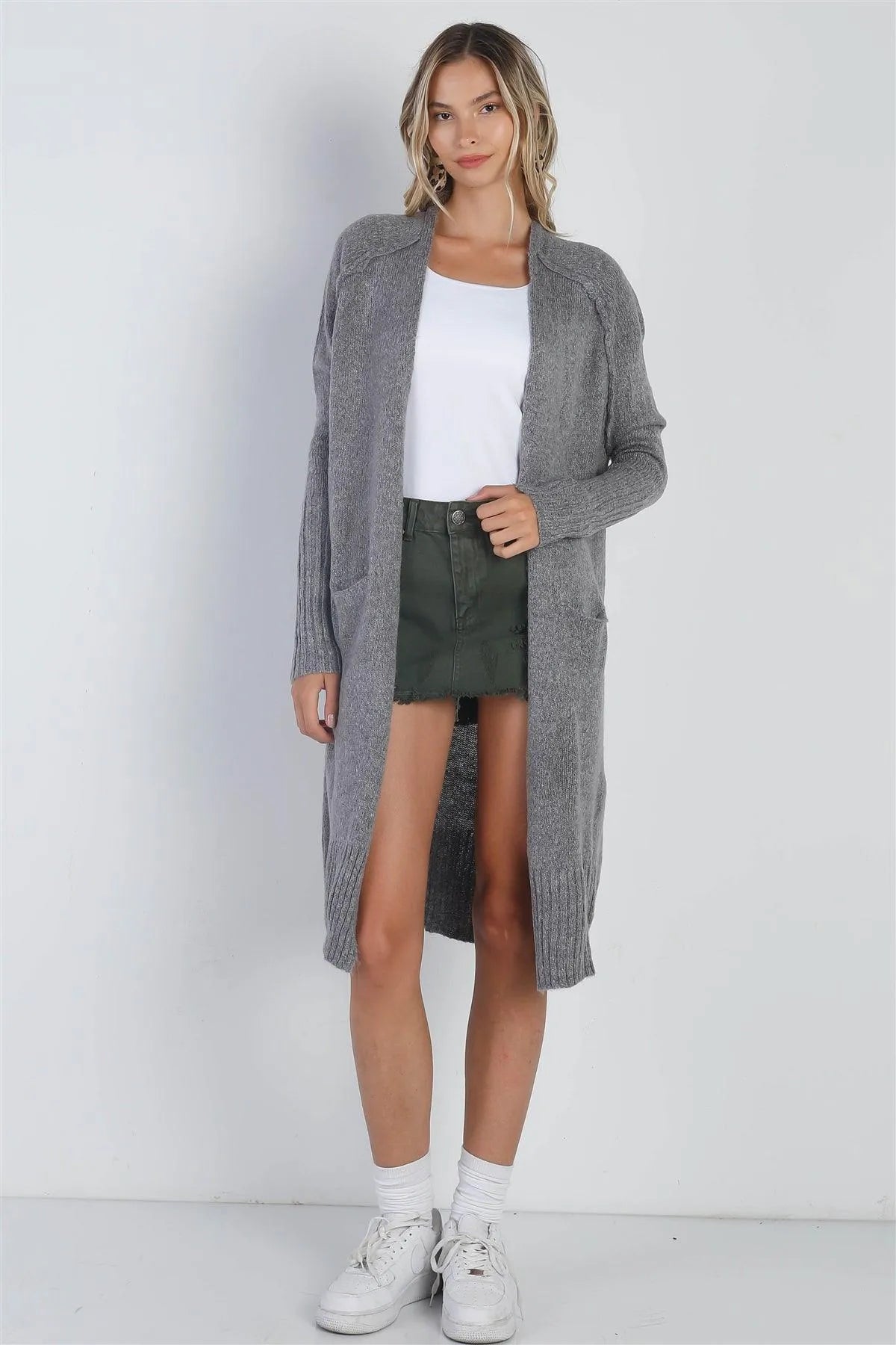 Grey Knit Open Front Two Pocket Relax Fit Cardigan /-2-2 - Tasha Apparel Wholesale