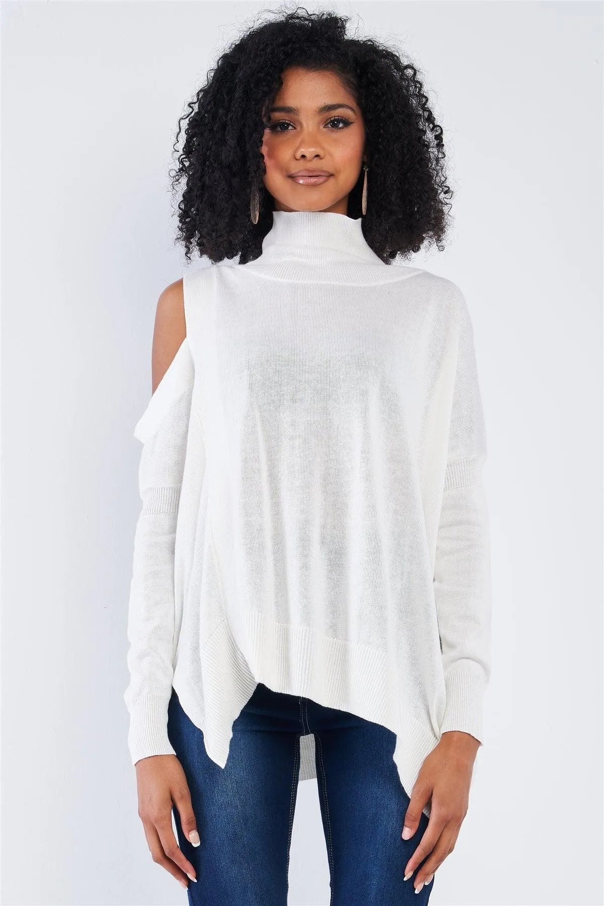 Cream Peek-A-Boo Shoulder Turtle Neck Sweater /4-2 - Tasha Apparel Wholesale
