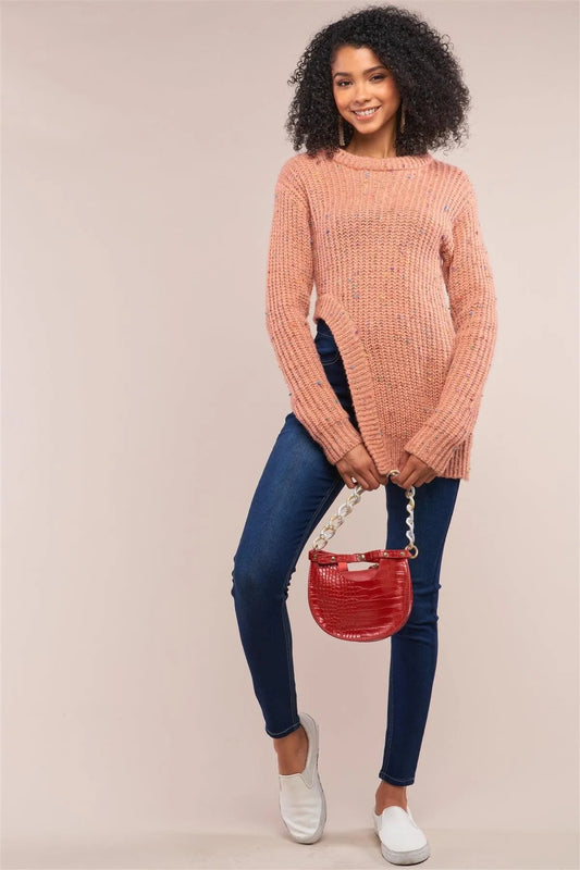 Salmon Long Sleeve Asymmetrical Hem Sweater /4-2 - Tasha Apparel Wholesale
