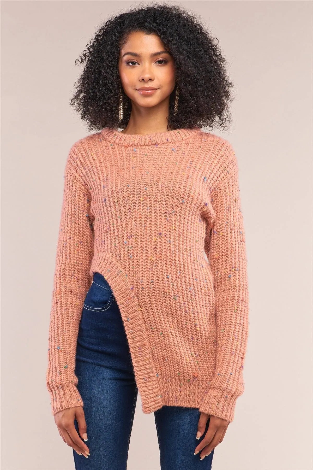 Salmon Long Sleeve Asymmetrical Hem Sweater - Tasha Apparel Wholesale