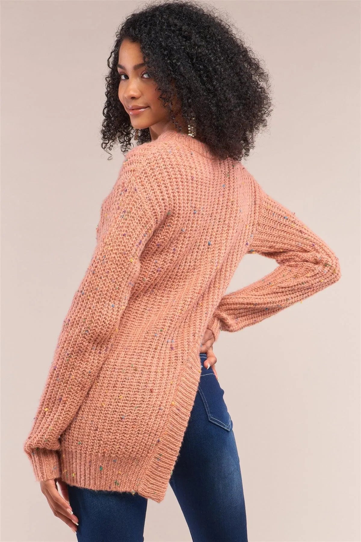 Salmon Long Sleeve Asymmetrical Hem Sweater - Tasha Apparel Wholesale