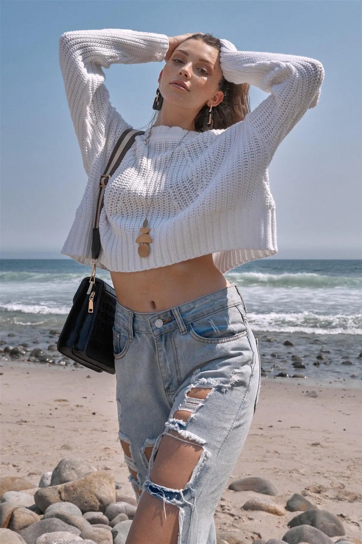 Cozy Days White Round Neck Long Cut-Out Detail Sleeve Cable Knit Cropped Sweater /4-2 - Tasha Apparel Wholesale
