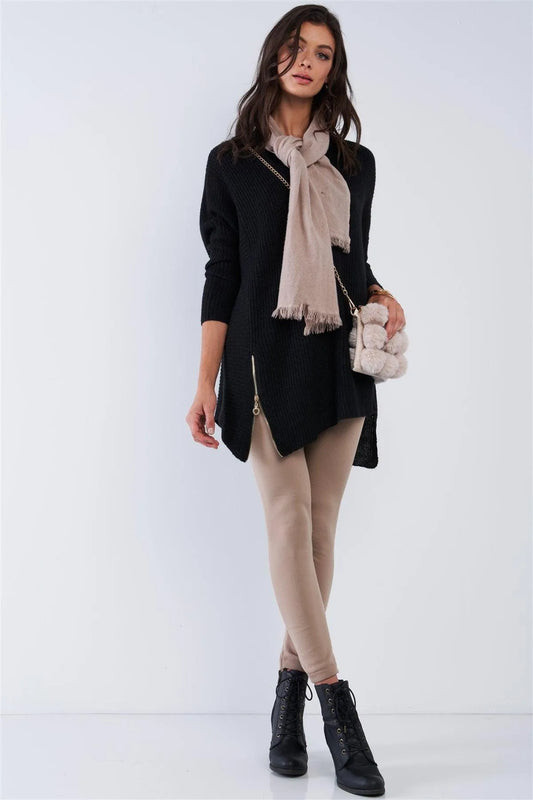 Charcoal Black V-Neck Asymmetrical Oversized Long Sleeve Gold Zipper Sweater /4-2 - Tasha Apparel Wholesale