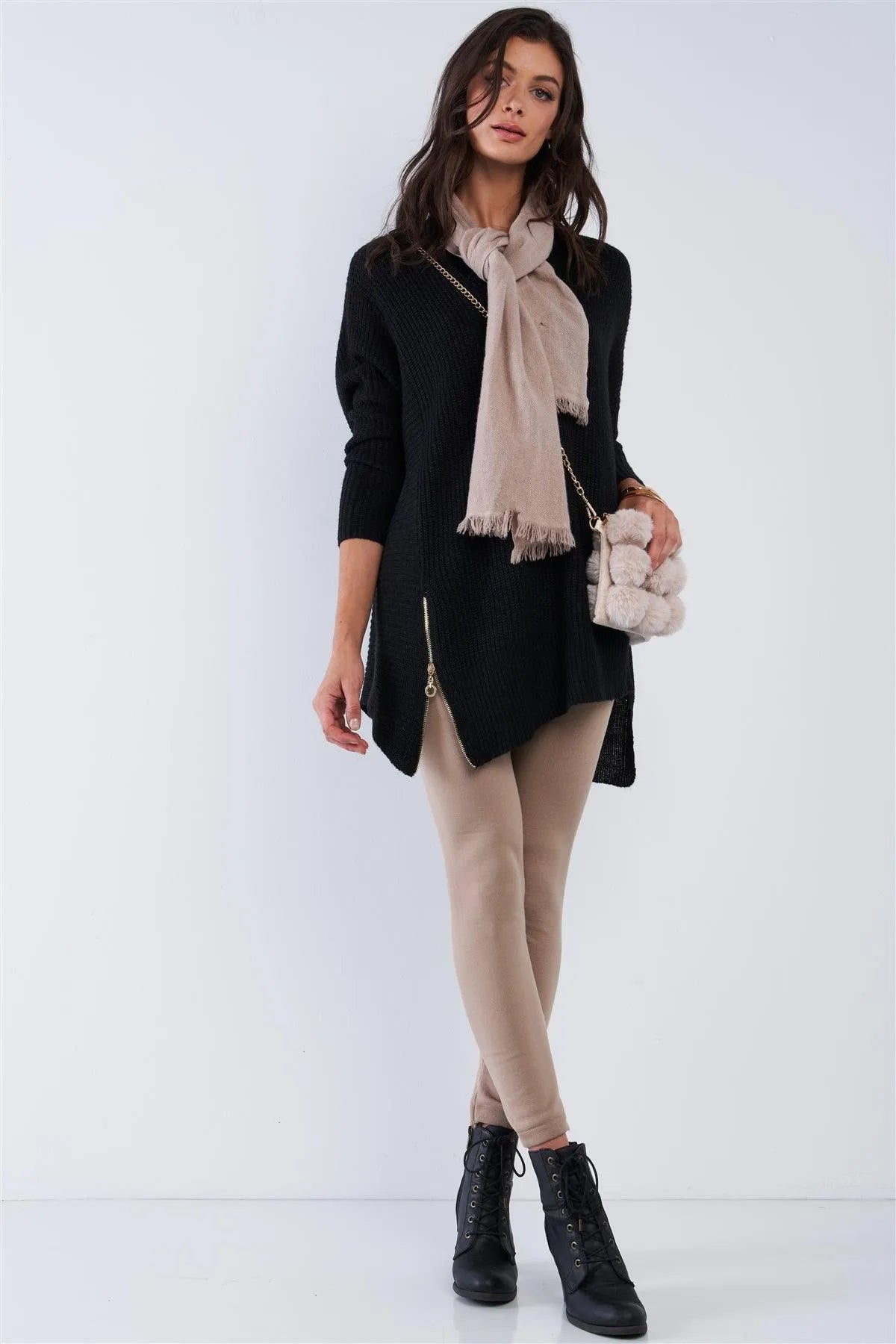 Charcoal Black V-Neck Asymmetrical Oversized Long Sleeve Gold Zipper Sweater - Tasha Apparel Wholesale
