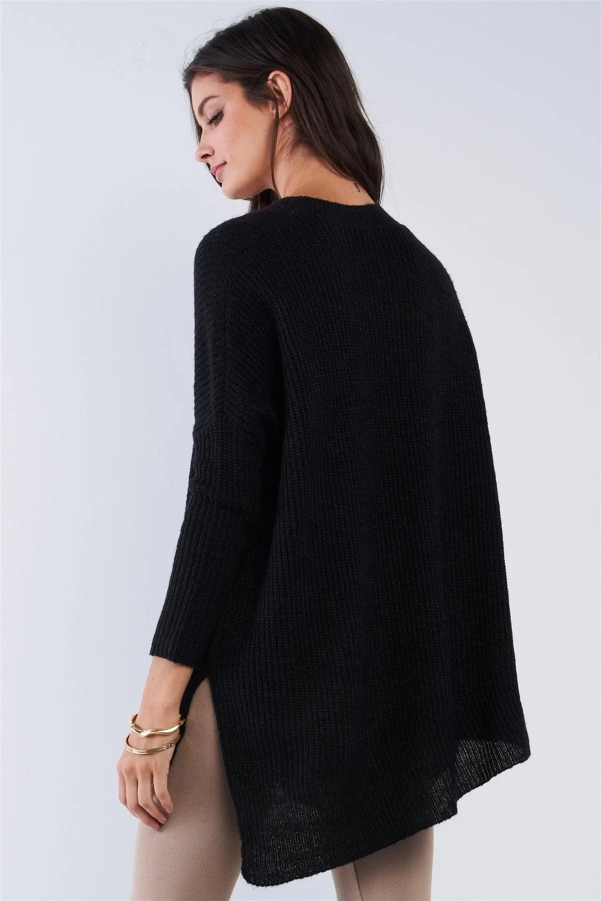 Charcoal Black V-Neck Asymmetrical Oversized Long Sleeve Gold Zipper Sweater - Tasha Apparel Wholesale