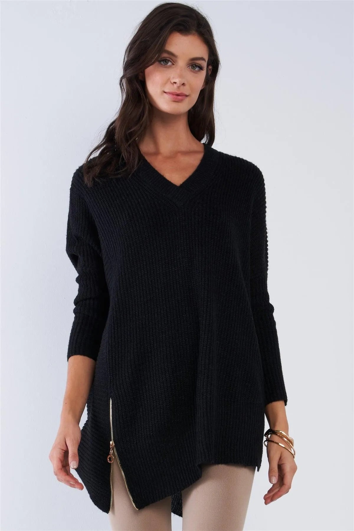Charcoal Black V-Neck Asymmetrical Oversized Long Sleeve Gold Zipper Sweater - Tasha Apparel Wholesale