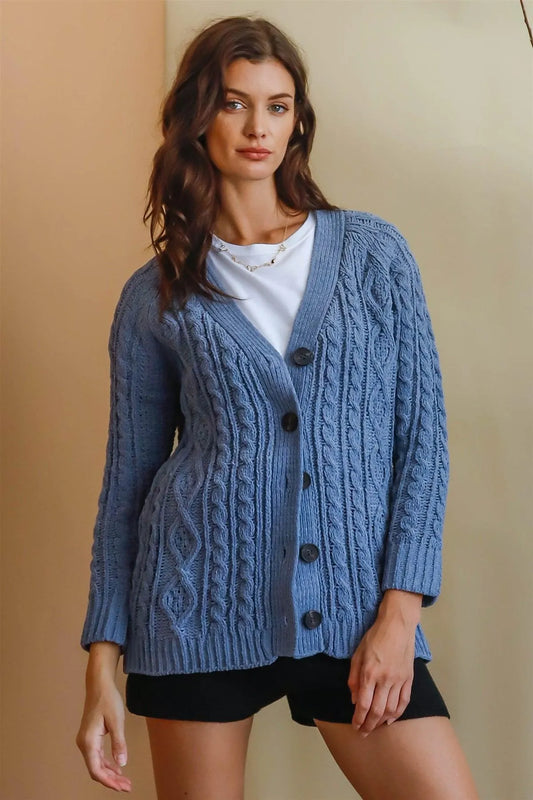 Grey Blue Cable Knit Button Up Sweater /1-1-1 - Tasha Apparel Wholesale