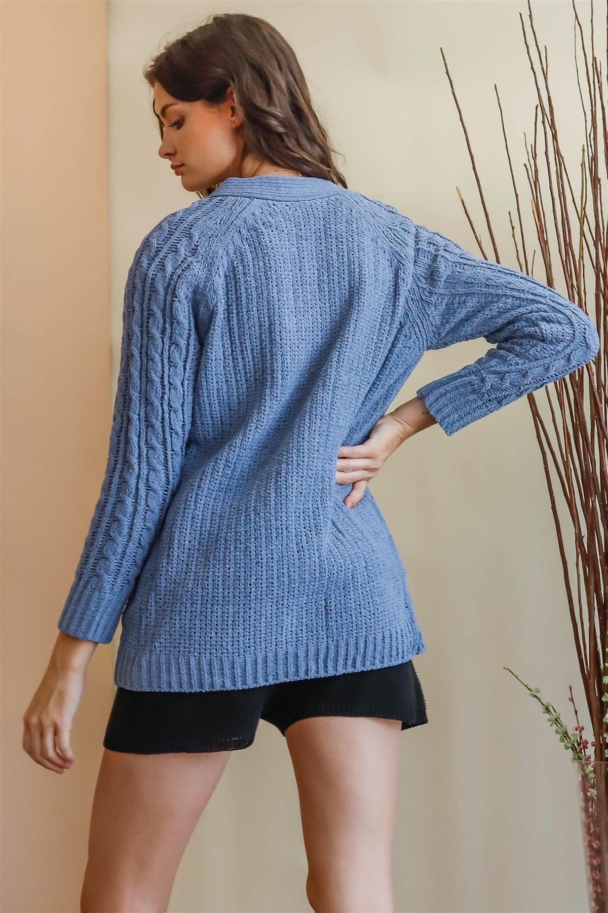 Grey Blue Cable Knit Button Up Sweater /1-1-1