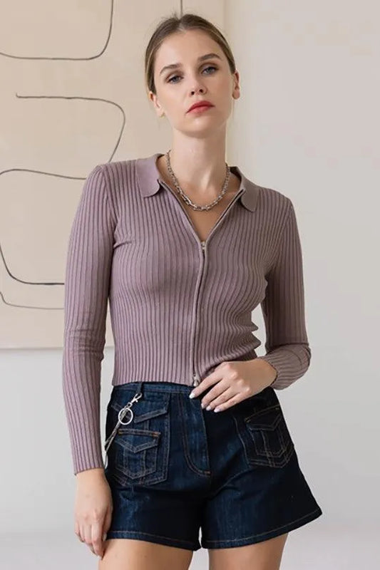 Dusk Mauve Ribbed Zip-Up Collared Long Sleeve Sweaters /2-2-2 - Tasha Apparel Wholesale