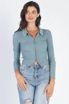 Stone Blue Ribbed Zip-Up Collared Long Sleeve Knit Top - Tasha Apparel Wholesale