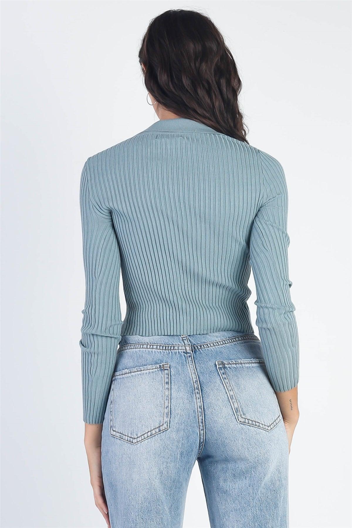 Stone Blue Ribbed Zip-Up Collared Long Sleeve Sweaters /2-2-2