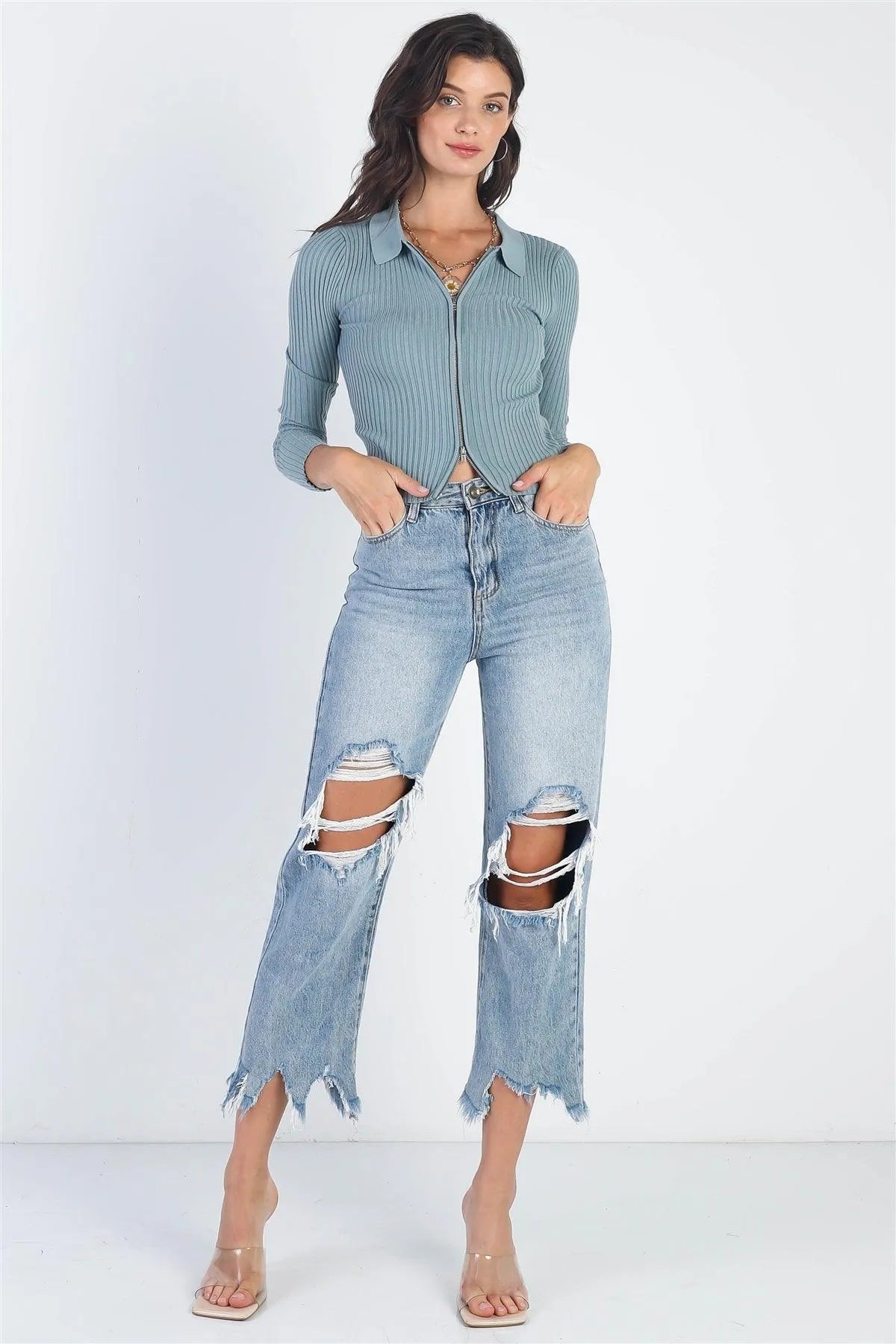 Stone Blue Ribbed Zip-Up Collared Long Sleeve Knit Top - Tasha Apparel Wholesale