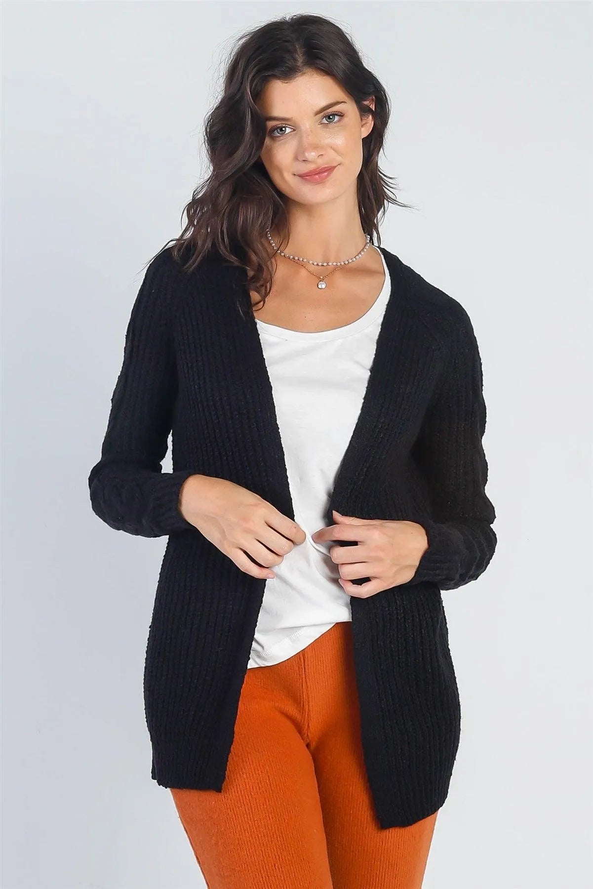 Black Open Front Cable-Knit Long Sleeve Cardigan /2-2-2 - Tasha Apparel Wholesale