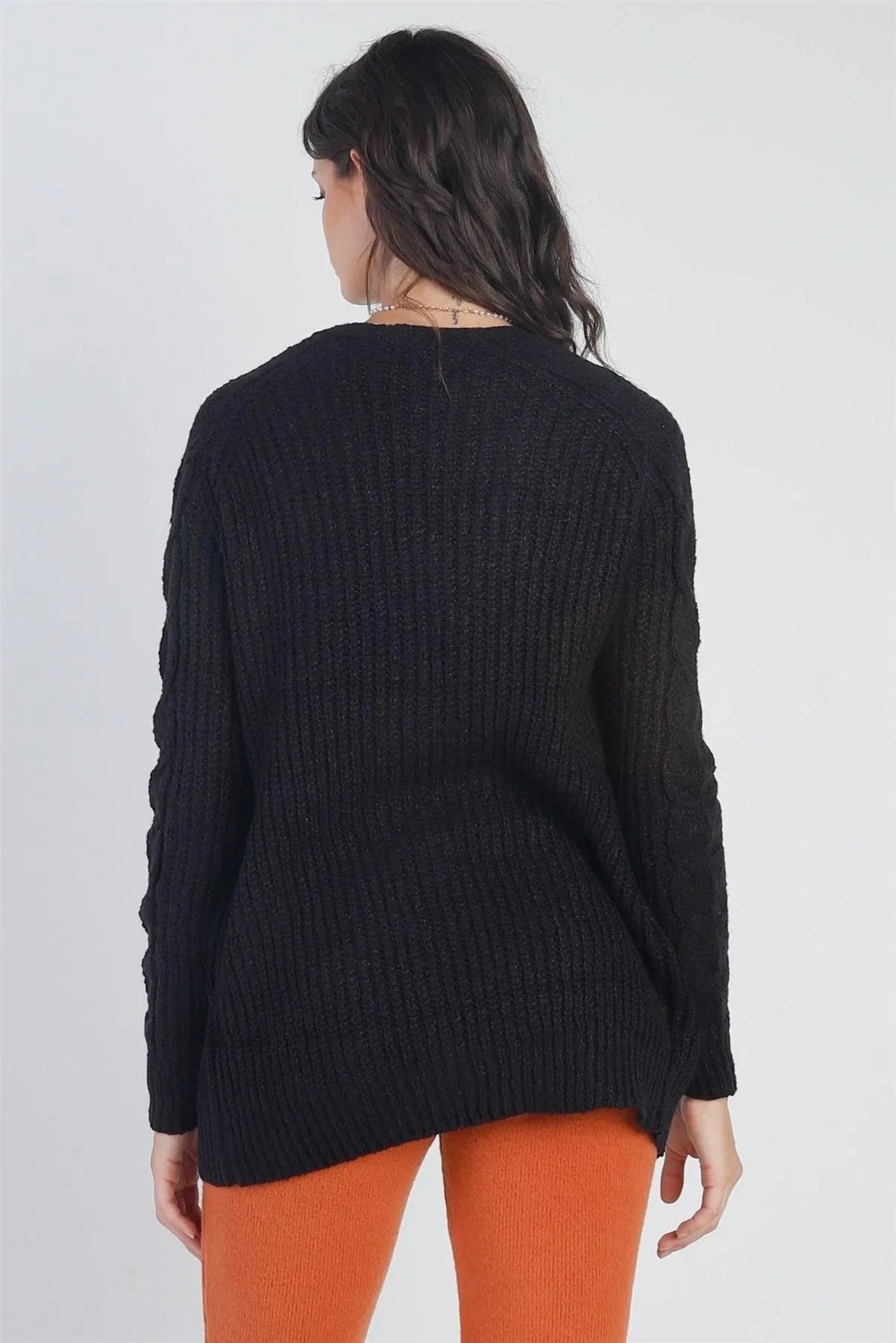 Black Open Front Cable-Knit Long Sleeve Cardigan /2-2-2 - Tasha Apparel Wholesale