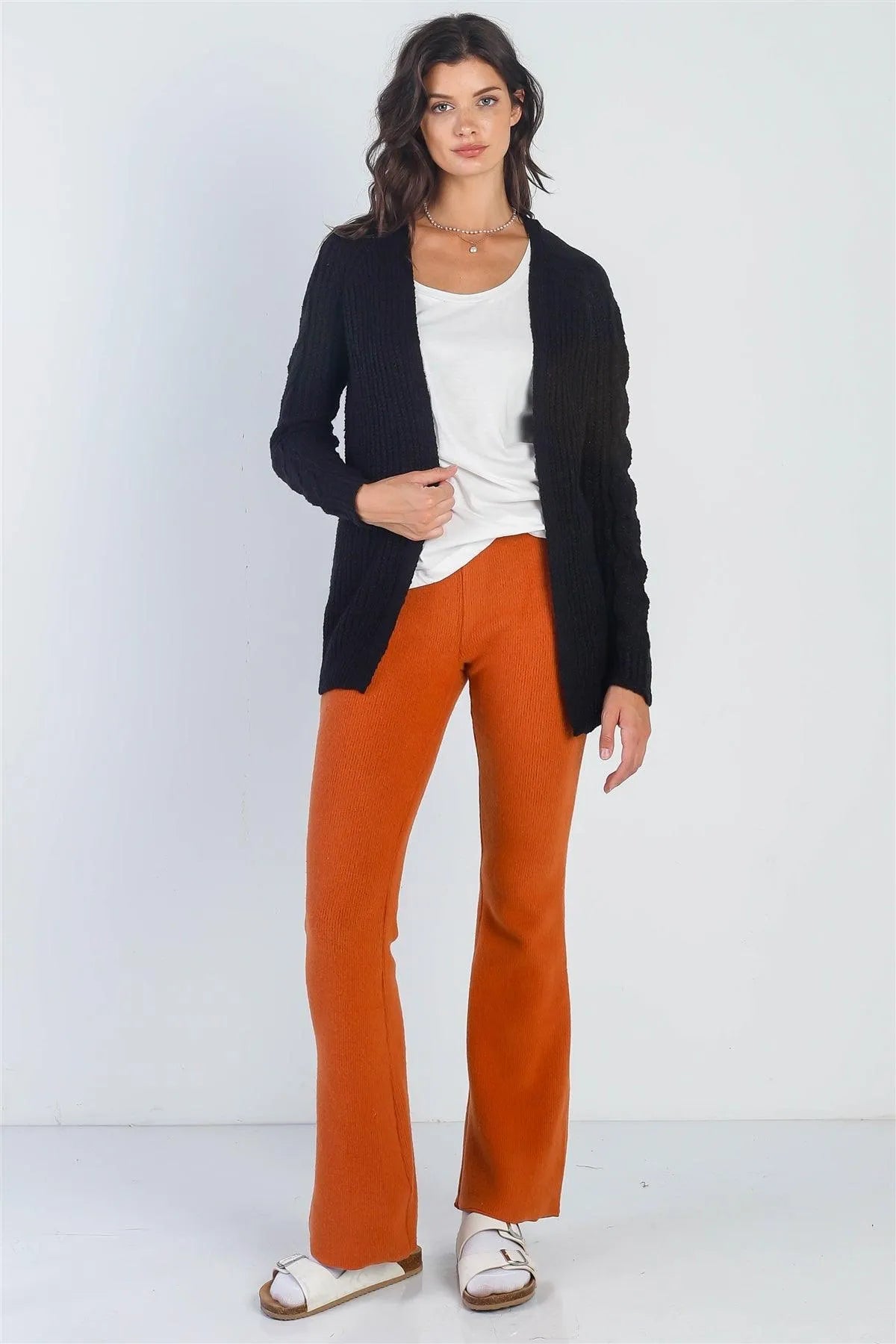 Black Open Front Cable-Knit Long Sleeve Cardigan /2-2-2 - Tasha Apparel Wholesale