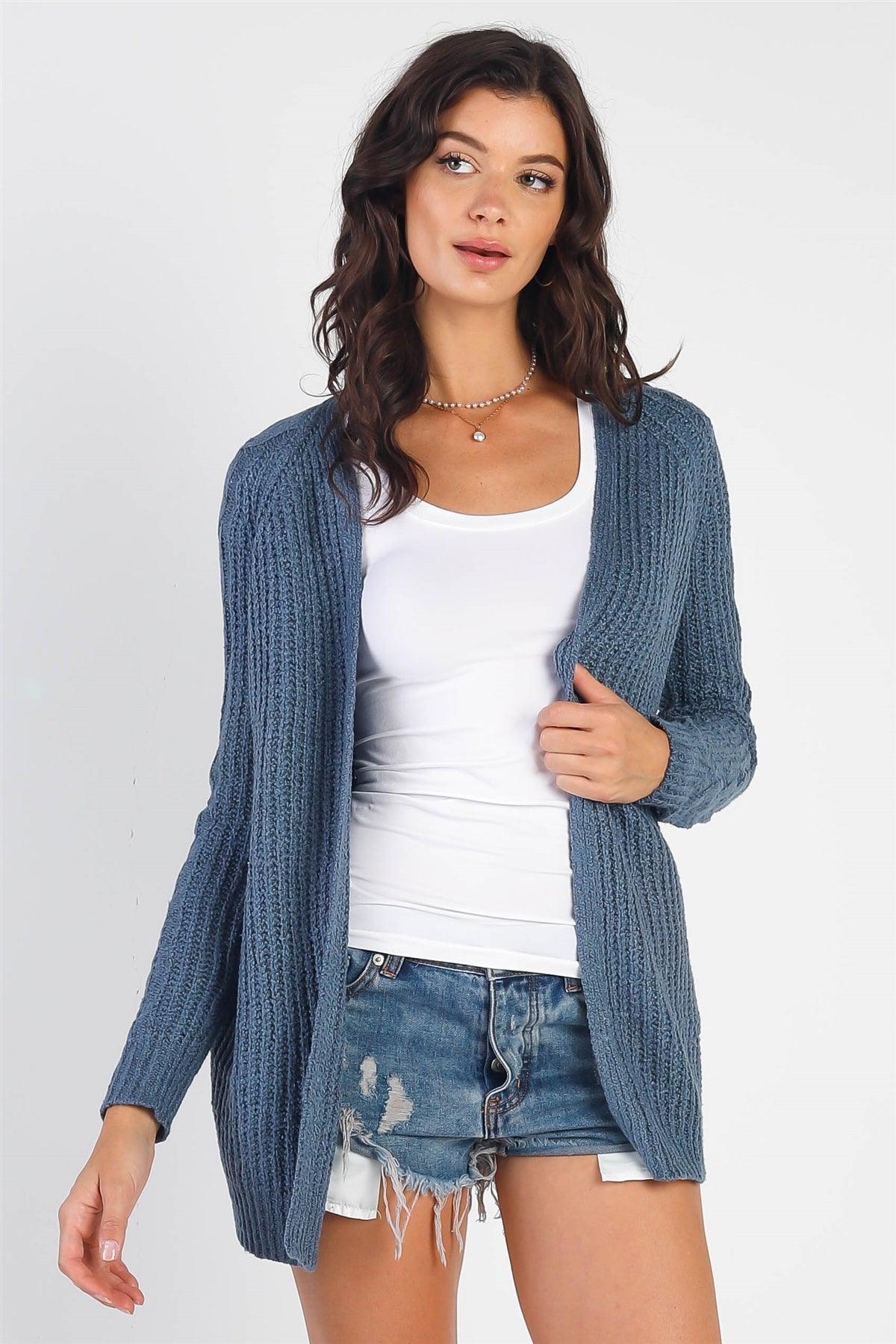 Dark Blue Open Front Cable-Knit Long Sleeve Cardigan /2-2-2