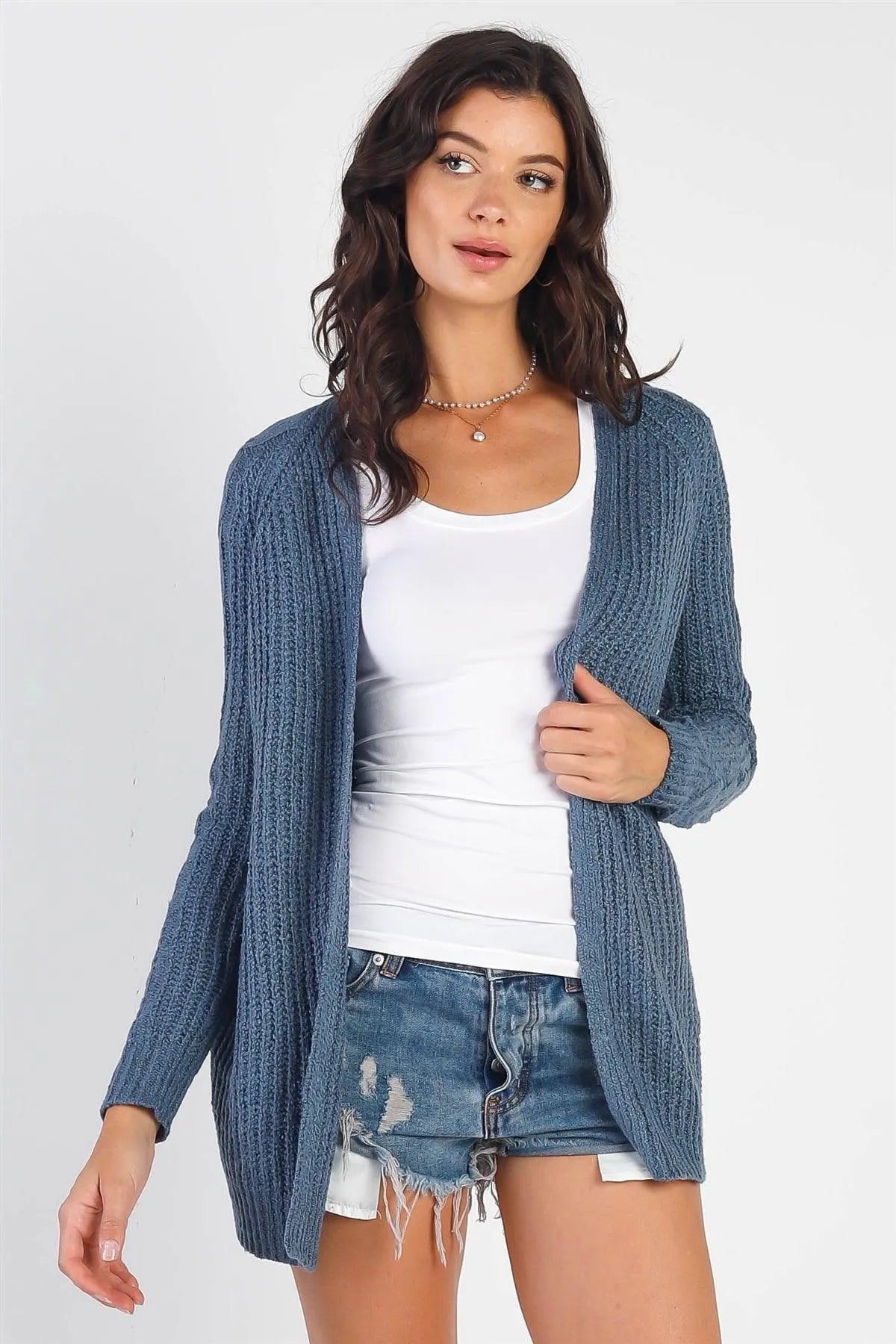 Dark Blue Open Front Cable-Knit Long Sleeve Cardigan - Tasha Apparel Wholesale