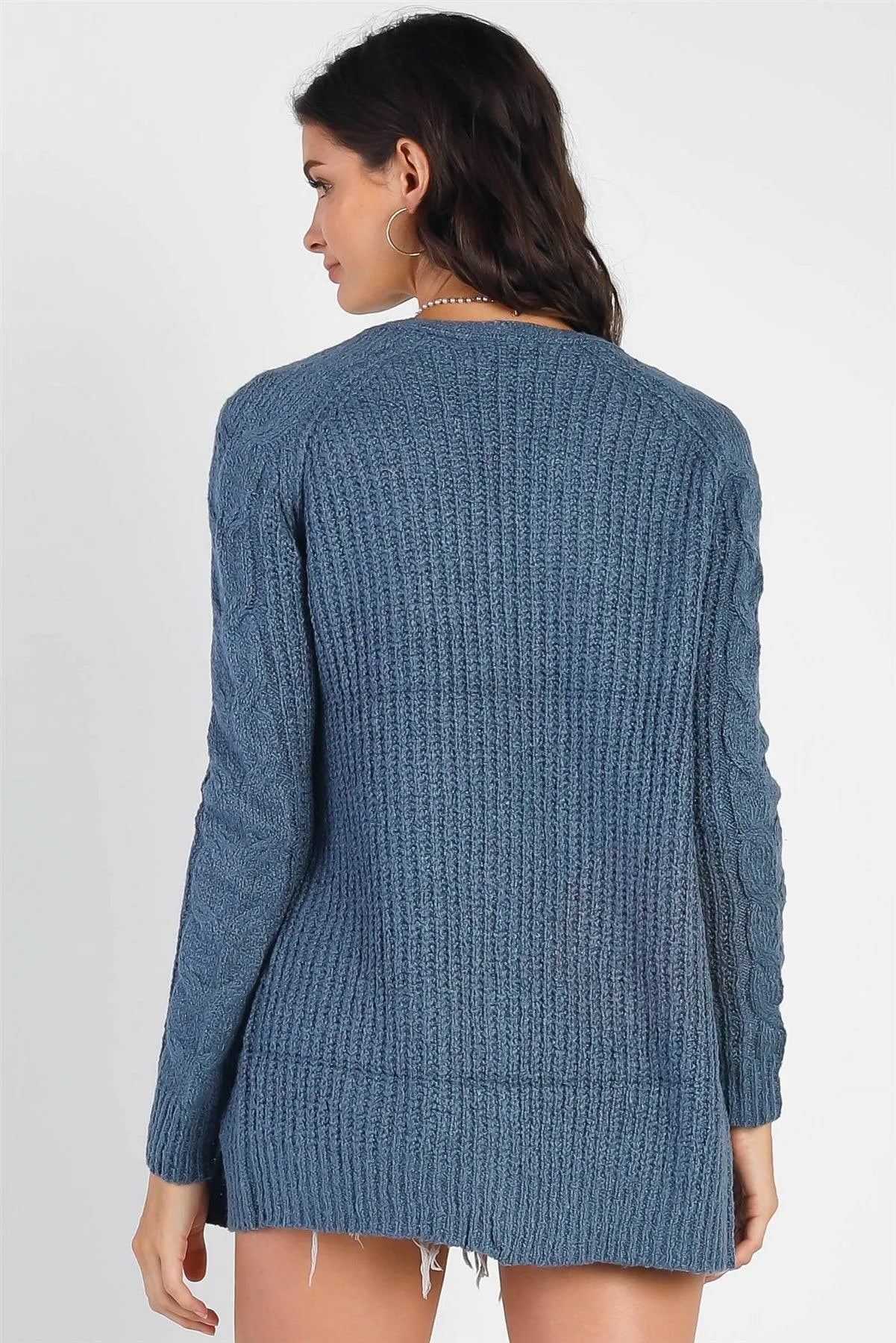 Dark Blue Open Front Cable-Knit Long Sleeve Cardigan - Tasha Apparel Wholesale