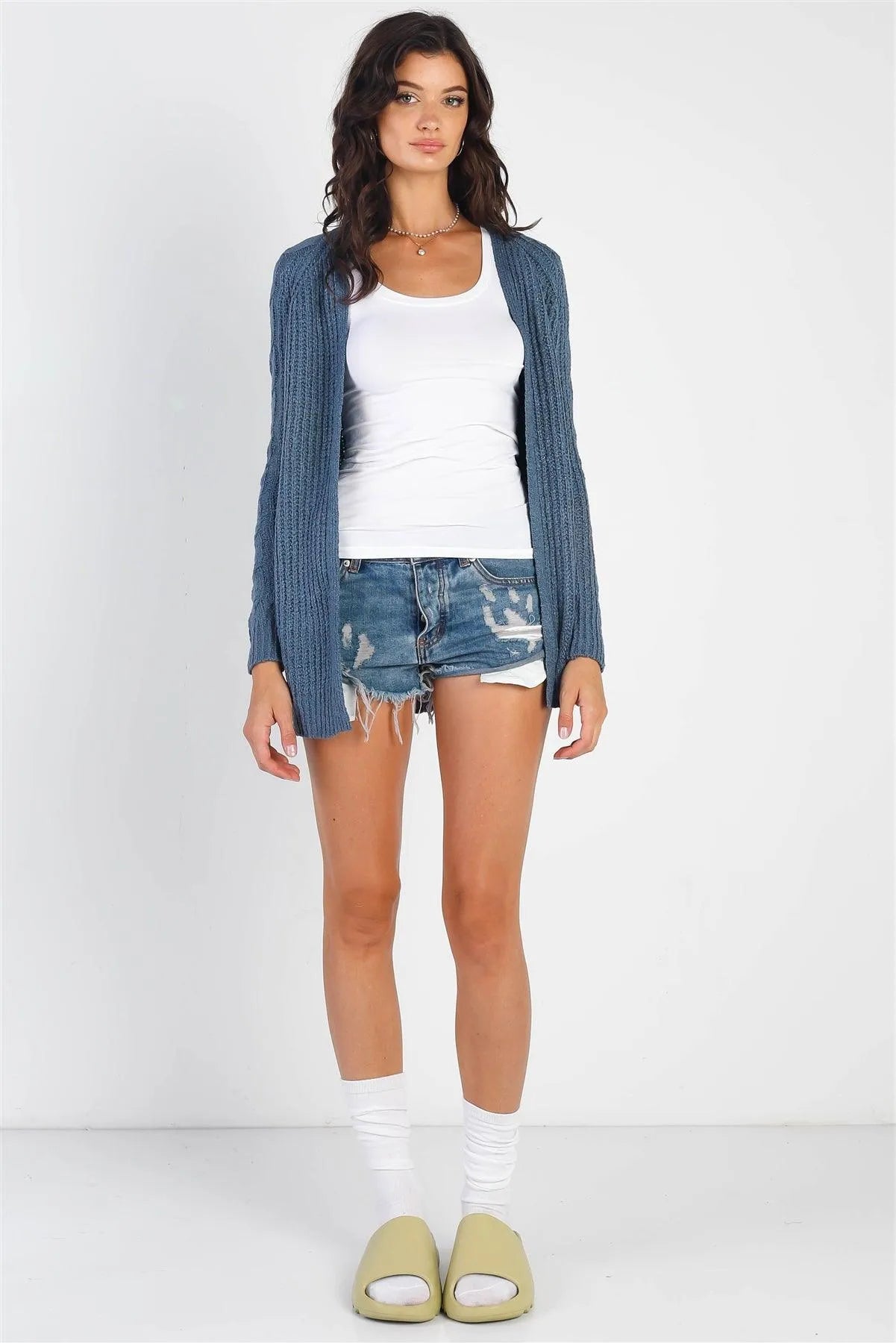 Dark Blue Open Front Cable-Knit Long Sleeve Cardigan - Tasha Apparel Wholesale