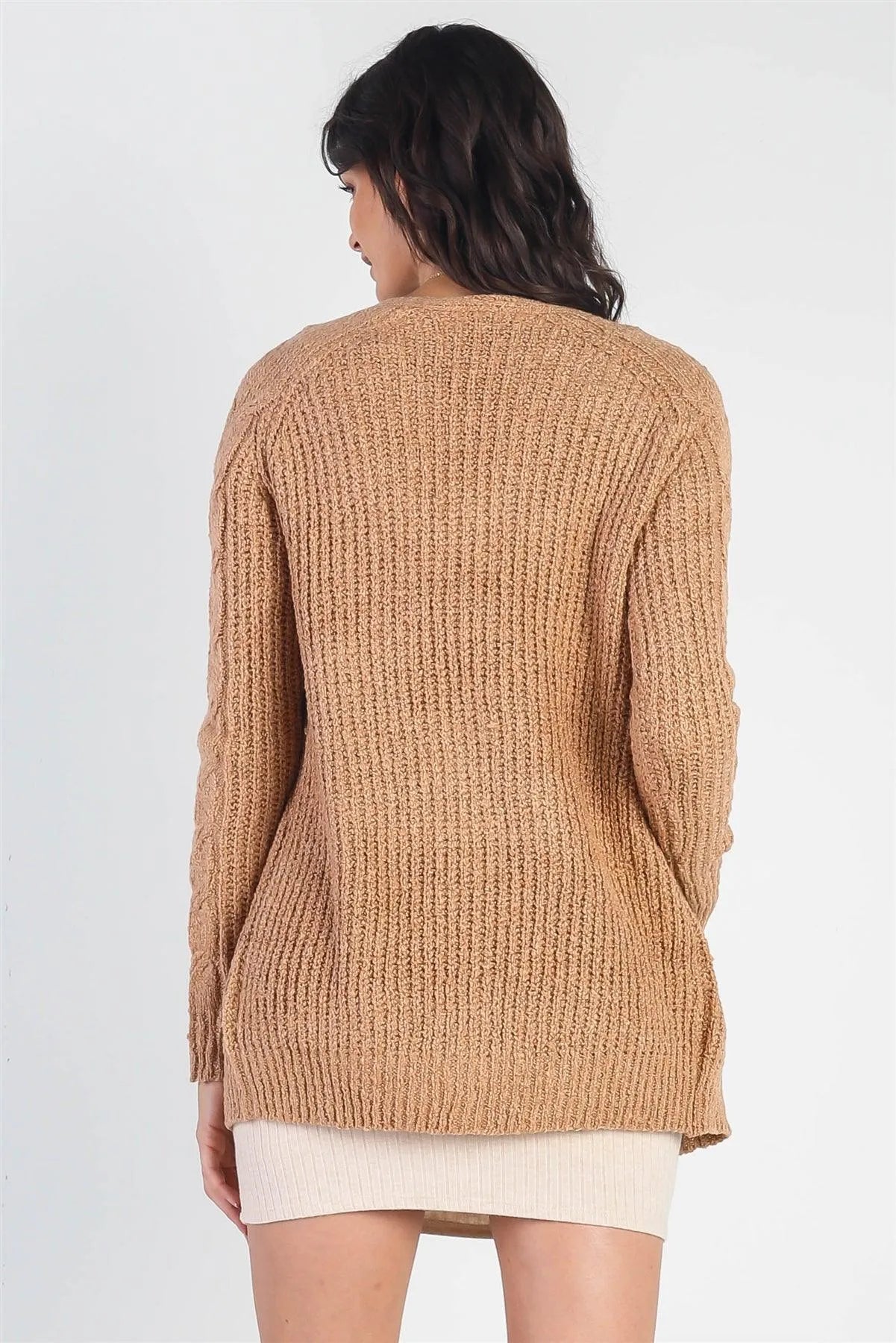 Khaki Open Front Cable-Knit Long Sleeve Cardigan /2-2-2 - Tasha Apparel Wholesale