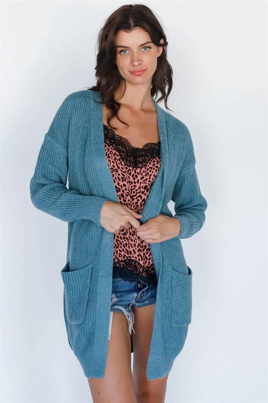 Emerald Blue Knit Open Front Two Pocket Cardigan /2-2-2 - Tasha Apparel Wholesale
