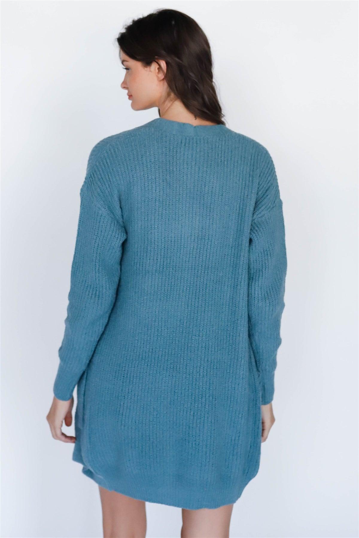 Emerald Blue Knit Open Front Two Pocket Cardigan /2-2-2